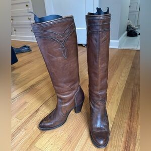 Frye Mustang Stitch Leather Knee-High Boots in Cognac brown